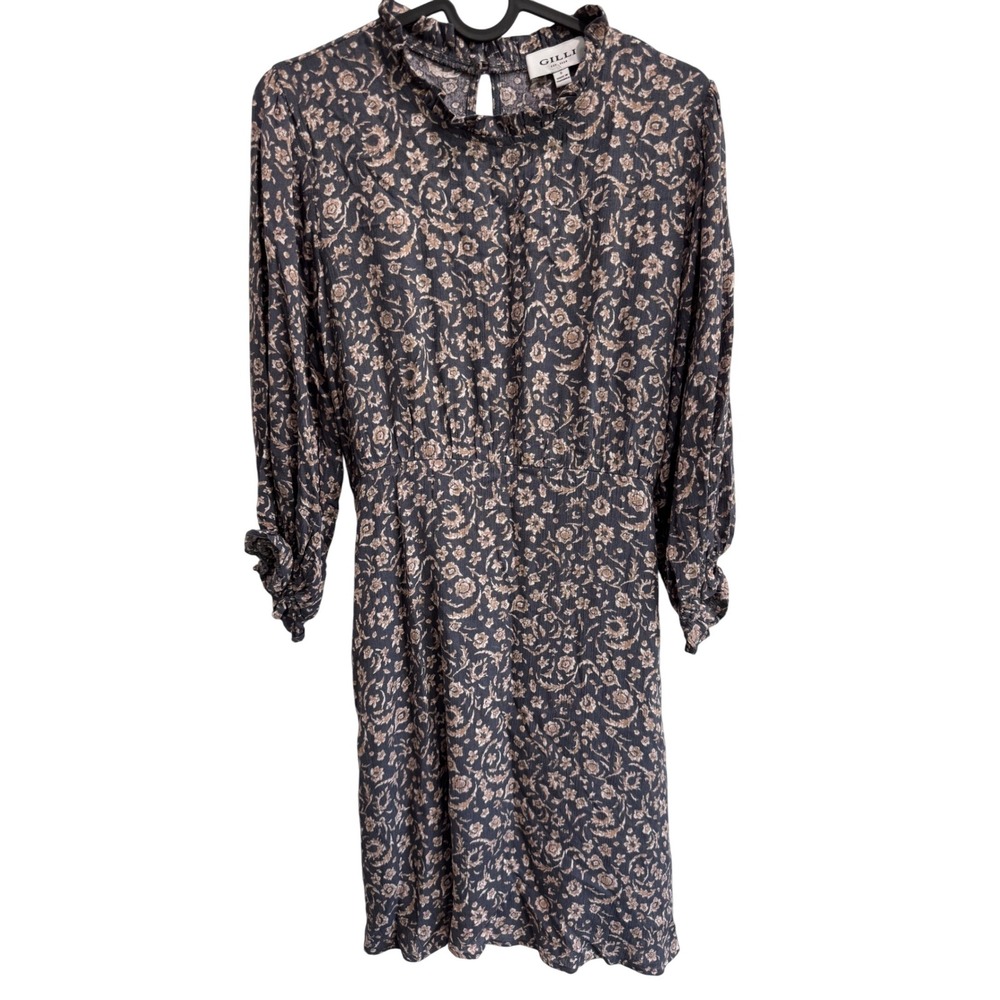 Gilli Floral Print‎ Dress Ruffle Mock Neck Long Sleeve Tie Waist Womens Size S